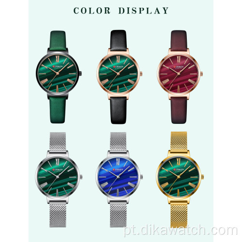 CURREN 9076 charme feminino relógios de pulso de couro pequeno mostrador verde relógio de quartzo presente de luxo para esposa vestido namorada vestido feminino relógio